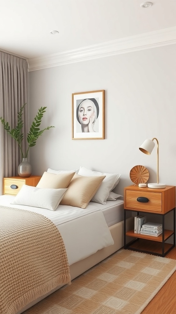 A cozy small master bedroom with stylish bedside tables, one with a drawer and the other with an open shelf, complemented by a lamp and decorative items.