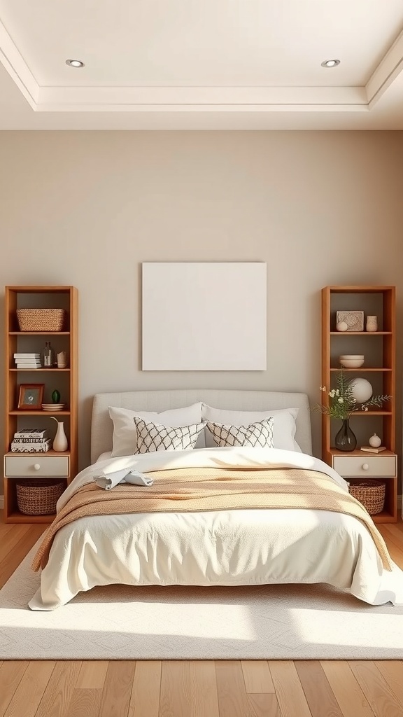 A cozy beige bedroom featuring a bed with soft linens, wooden shelves with decorative items and woven baskets, and a plush area rug.