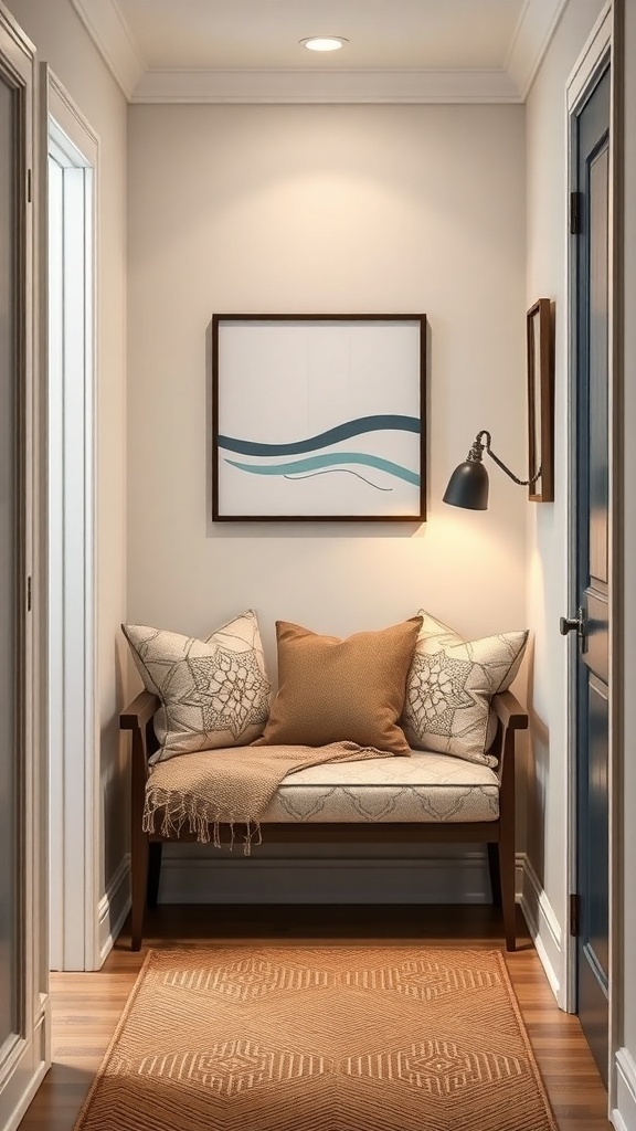 A small hallway featuring a cozy bench with cushions, a throw, and wall art, illuminated by soft lighting.