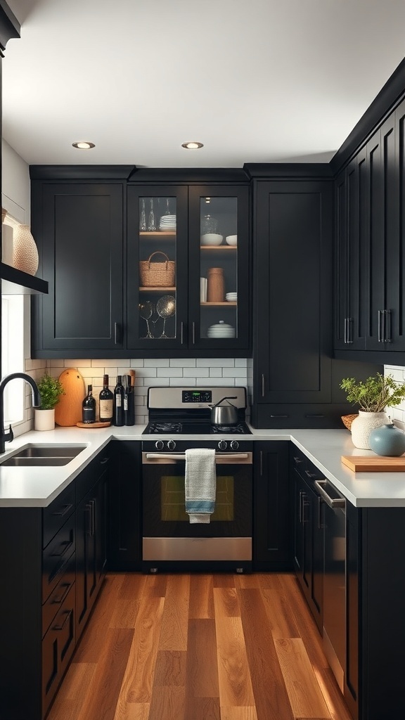 A modern black kitchen with sleek cabinets, a light countertop, and decorative accents.