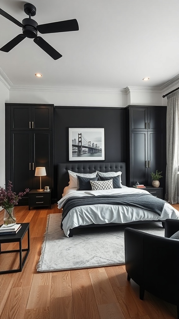 A stylish black bedroom featuring built-in storage solutions and a cozy atmosphere.