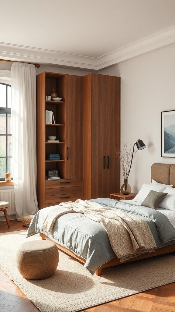 A cozy brown bedroom featuring a tall wooden wardrobe, open shelving, and soft bedding.