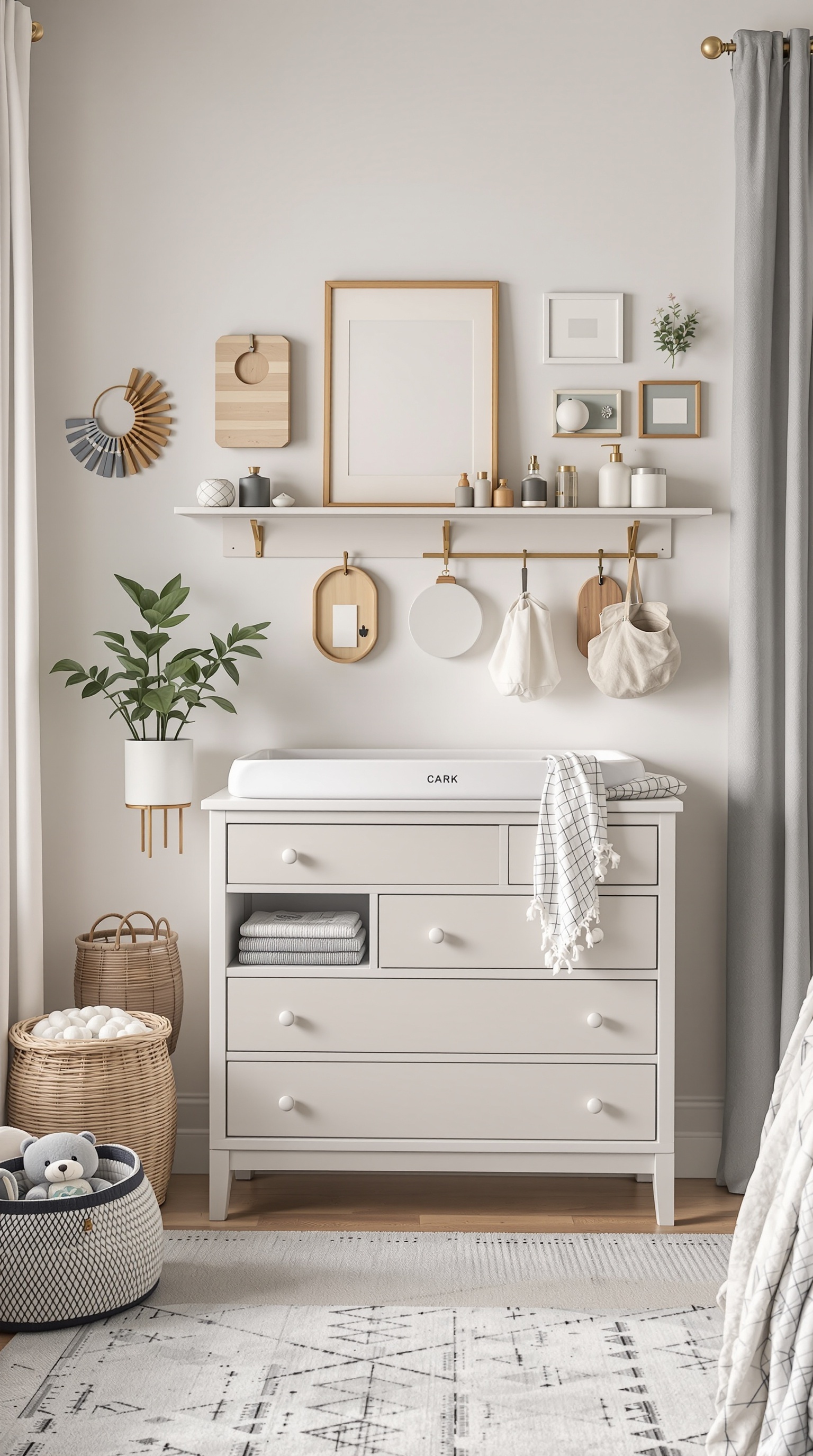A modern changing station in a unisex baby room featuring a sleek changing table, organized shelves, and decorative elements.