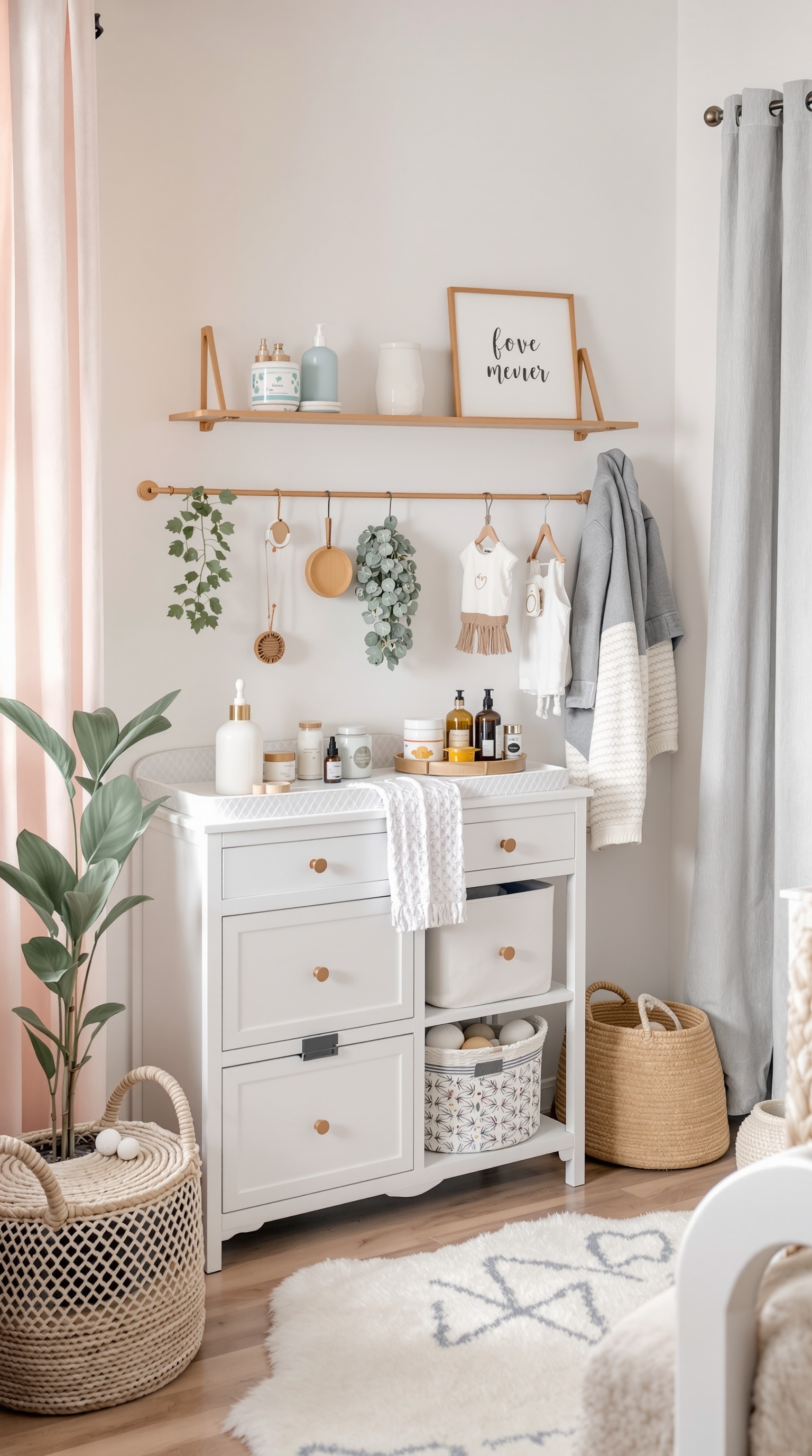 A functional changing station in a baby room featuring a changing table, organized shelves, and storage baskets.