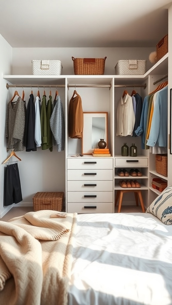 A well-organized closet in a small master bedroom featuring hanging clothes, baskets, a mirror, and drawers.