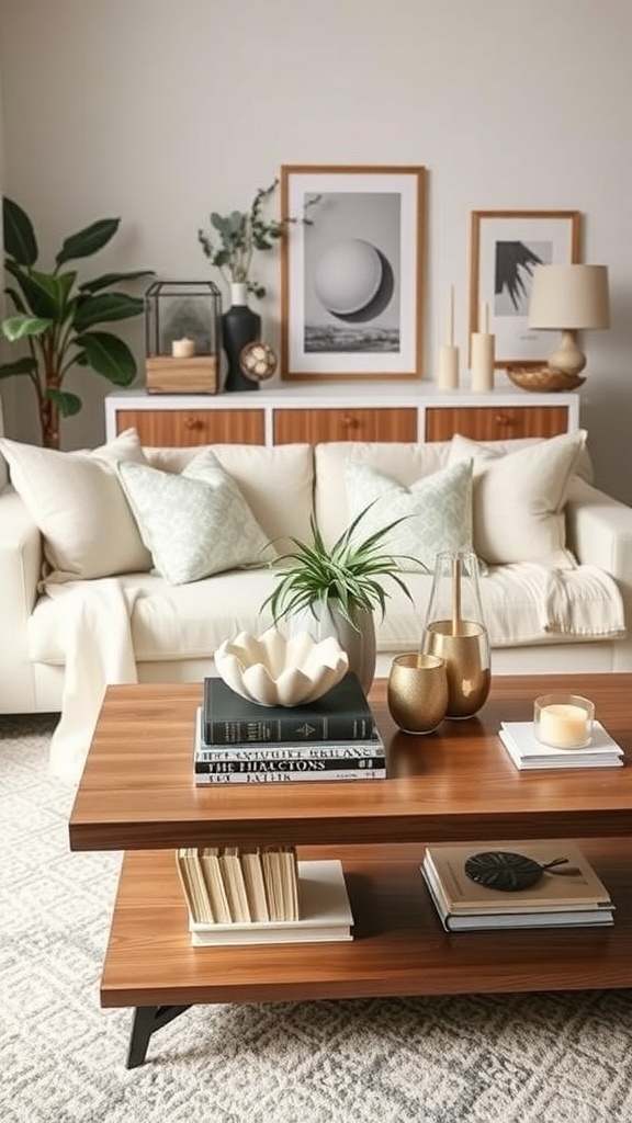 Cozy living room with a stylish coffee table, decorative items, and a comfortable sofa.