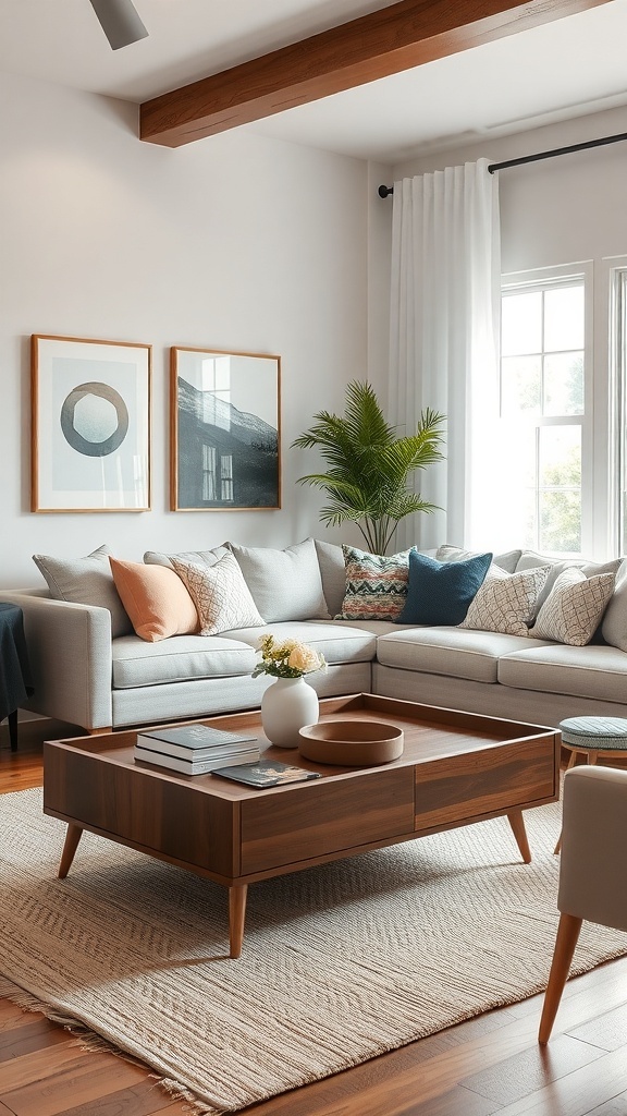A cozy mid-century modern living room featuring a wooden coffee table with storage, a light gray sofa, and decorative pillows.