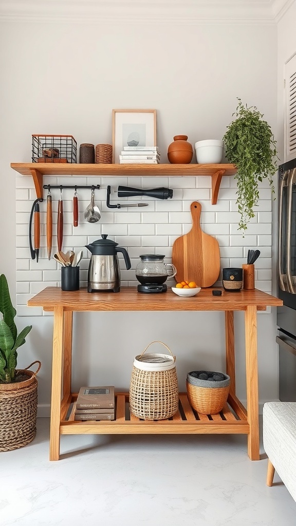 A functional coffee utility table with a wooden top, coffee maker, kettle, and decorative items, complemented by open shelving and woven baskets.
