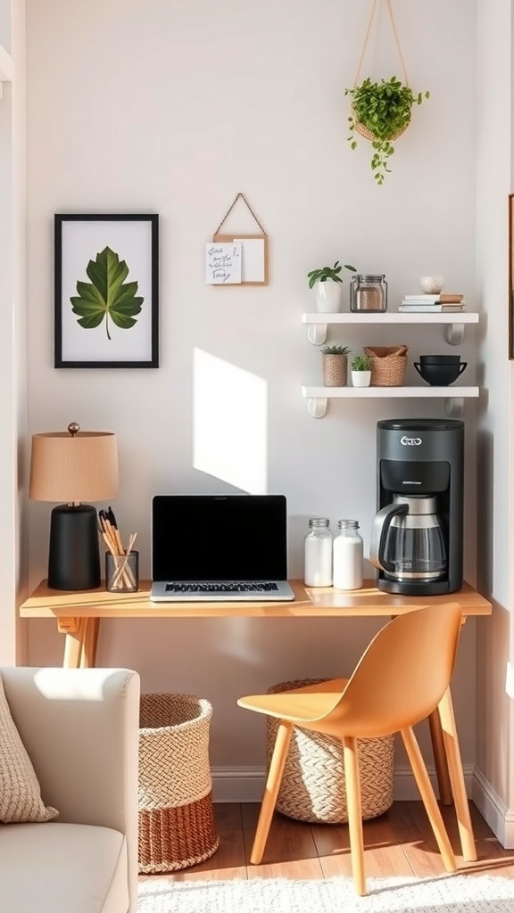 A cozy coffee workstation with a desk, chair, coffee maker, and plants.