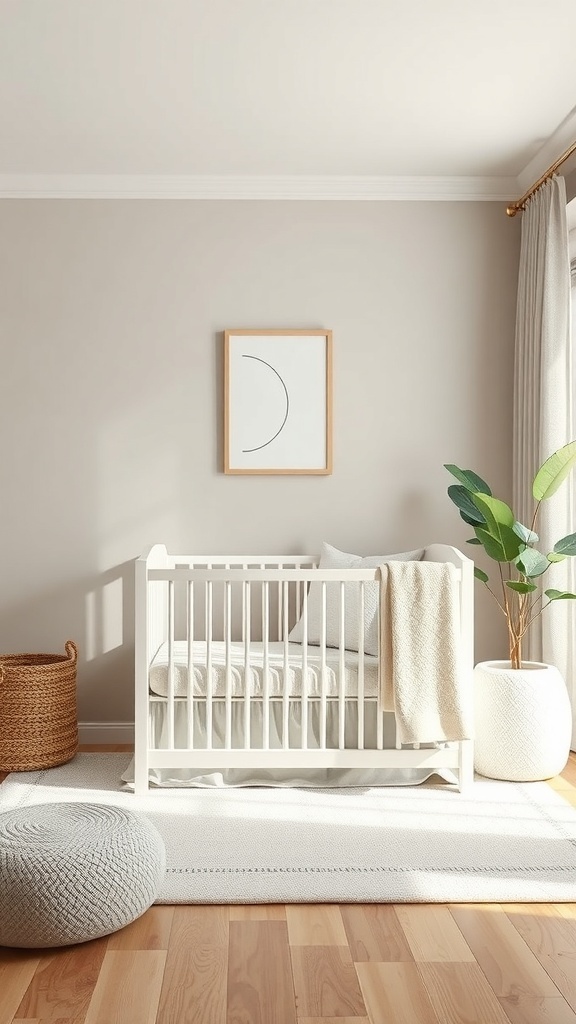 A small nursery featuring a white crib, a cozy blanket, a plant, and a woven basket.