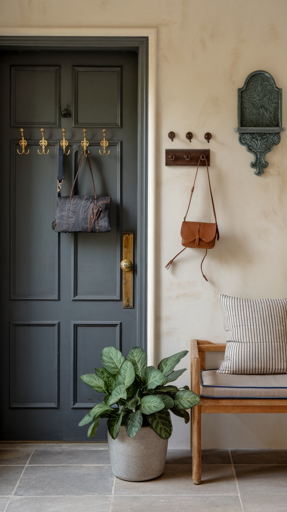 A stylish entryway with a dark door featuring hooks for bags, a small shelf, and a potted plant.