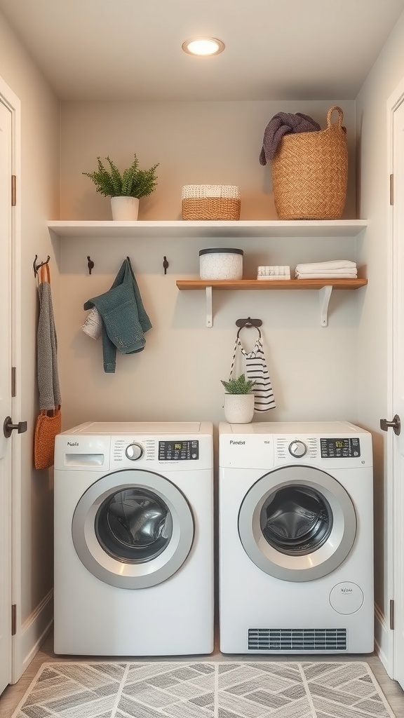 A modern mud room laundry room combo featuring two washing machines, open shelves with baskets and plants, and wall hooks for hanging items.