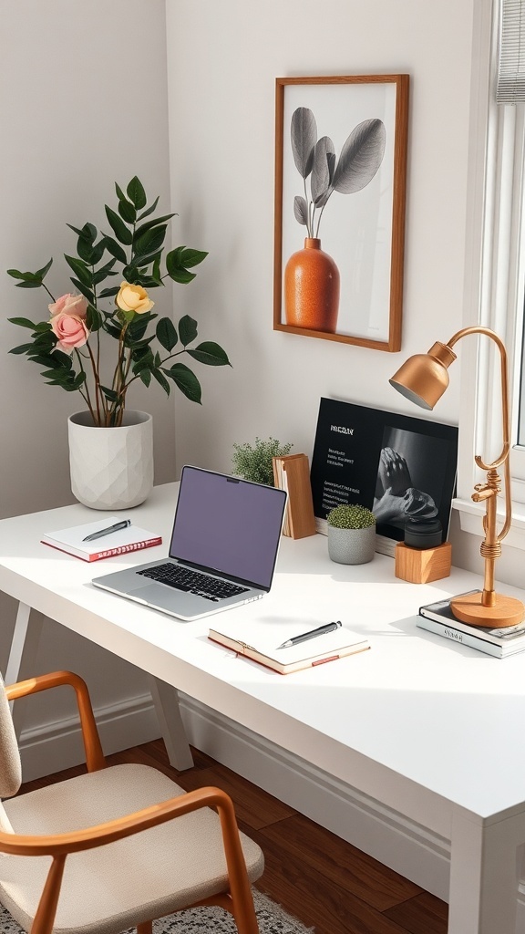 A cozy desk setup featuring a white desk with a laptop, plants, and a stylish lamp.