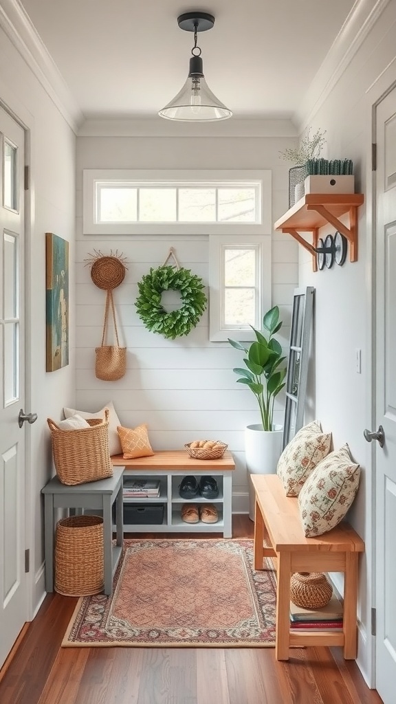 A cozy and functional entryway with wooden accents, storage solutions, and decorative elements.