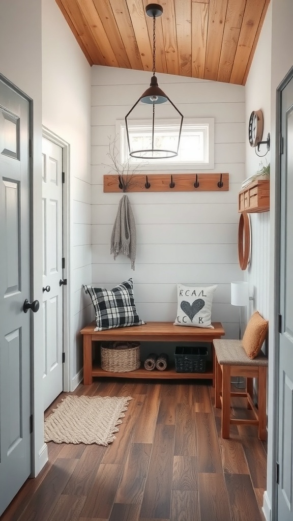 Cozy cabin entryway with wooden ceiling, hooks, bench, and decorative pillows