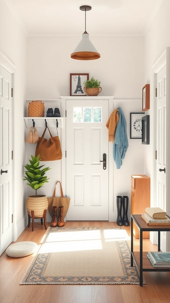 A rustic entryway featuring white walls, a wooden floor, and functional storage solutions.