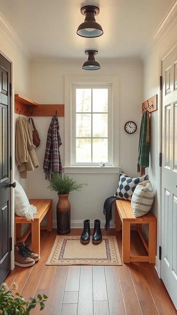 A cozy entryway with wooden benches, hooks for coats, and a window letting in natural light.