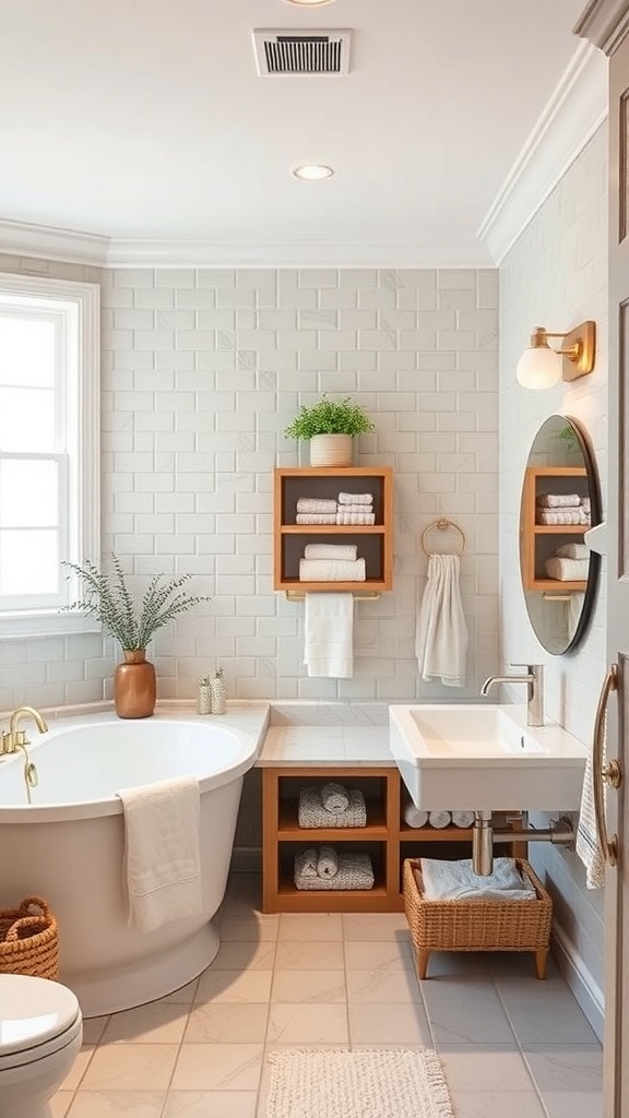 A bright and functional family bathroom featuring a large soaking tub, sleek sink, wooden shelves with towels, and a potted plant.
