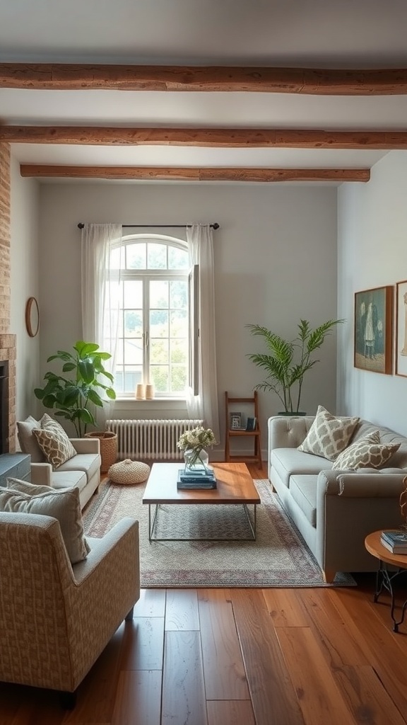 A cozy rustic farmhouse living room with wooden beams, comfortable seating, and natural light.