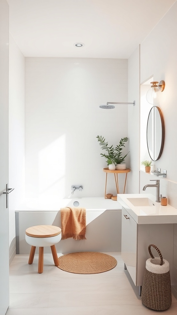 A minimalist bathroom featuring a bathtub, modern fixtures, a round mirror, and plants for decoration.