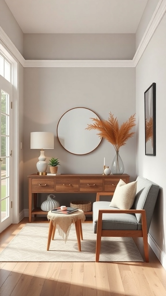 A small foyer featuring a console table, a chair, a mirror, and decorative plants.