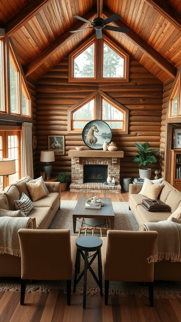 Cozy cabin living room with functional furniture arrangement