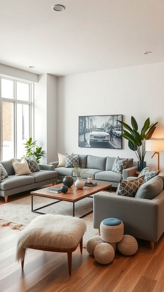 A cozy contemporary living room featuring a sectional sofa, coffee table, poufs, and plants.