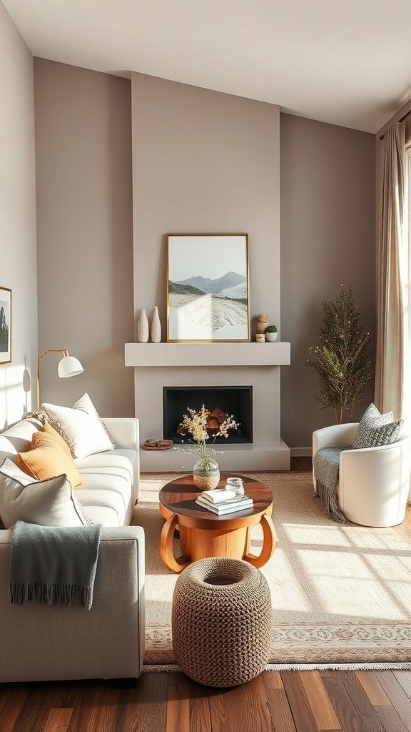 A cozy winter living room with a sofa, coffee table, and fireplace.