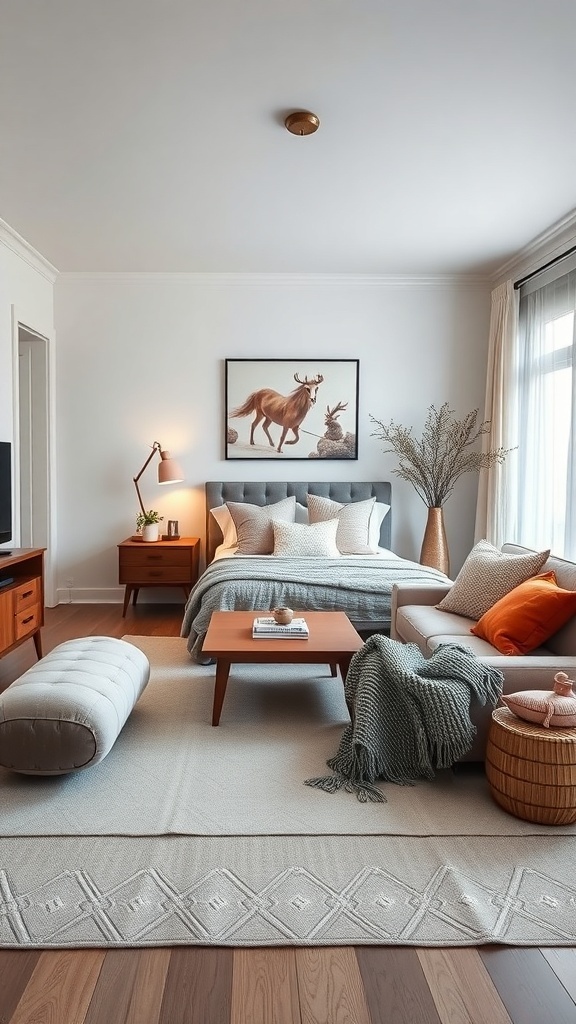 A cozy winter bedroom with a stylish arrangement of furniture, including a bed, nightstands, a coffee table, and a soft rug.