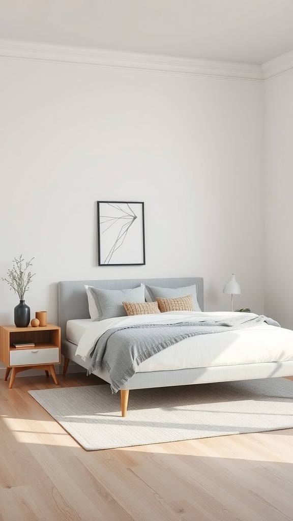 A minimalist bedroom featuring a low-profile bed, simple nightstand, and stylish lamp.