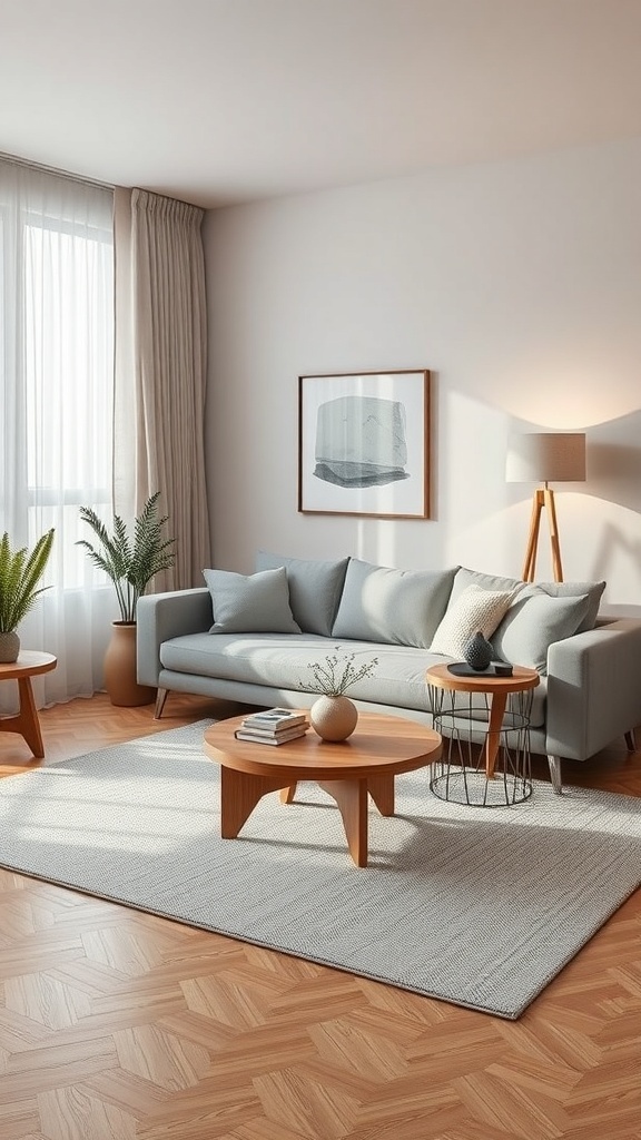 A cozy minimalist living room featuring a gray sofa, wooden coffee table, side table, and potted plants.