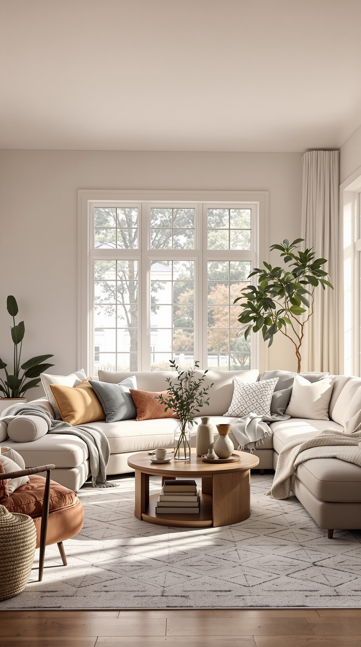 A cozy family room with a large sectional sofa, coffee table, and natural light from windows.