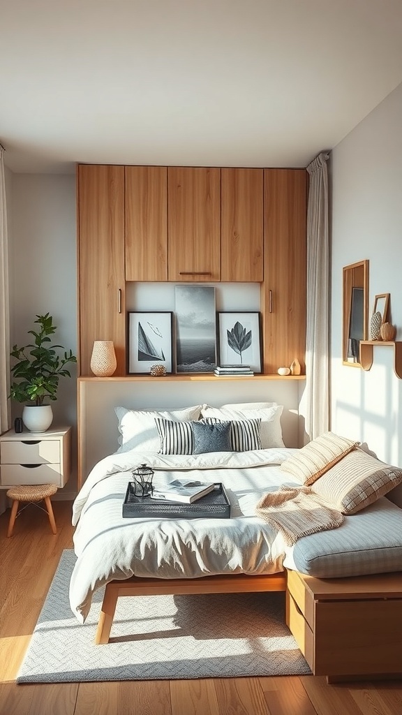 Cozy small bedroom with wooden furniture, functional storage, and natural light.