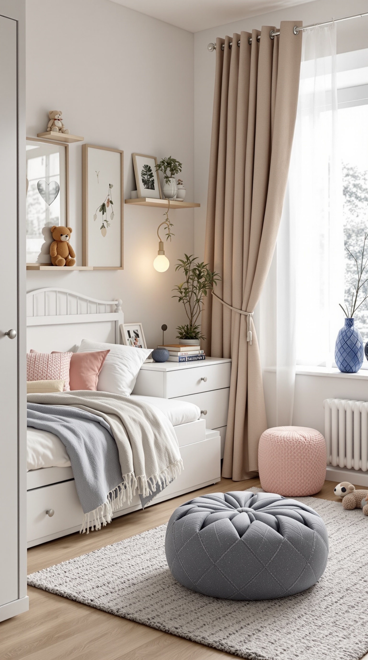 A cozy toddler bedroom featuring a bed with storage, a round pouf, and wall-mounted shelves.
