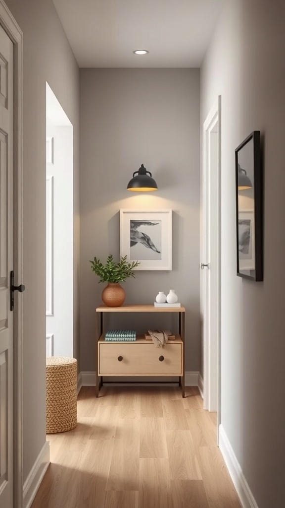 A small hallway with a console table, a plant, and wall art