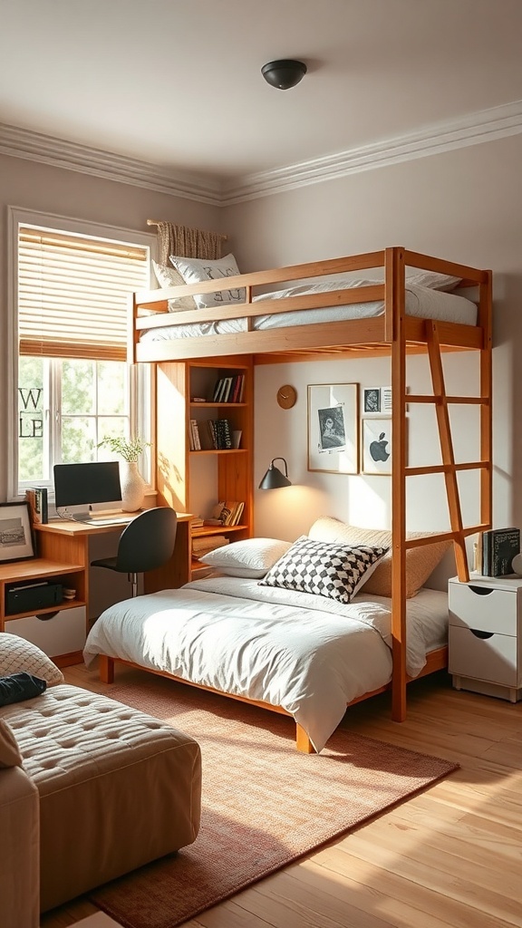 A cozy teen bedroom with a lofted bed, desk, and storage.