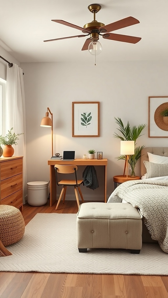 A cozy earthy bedroom featuring functional furniture, including a desk, chair, dresser, and ottoman.