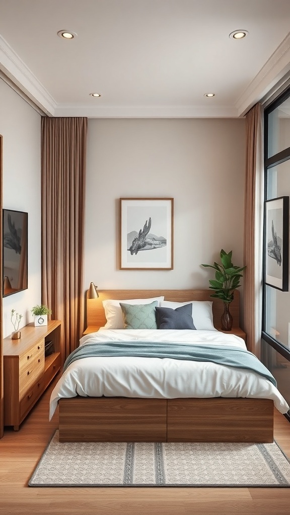 A modern bedroom with functional furniture, featuring a bed with storage, wooden dresser, and plants.