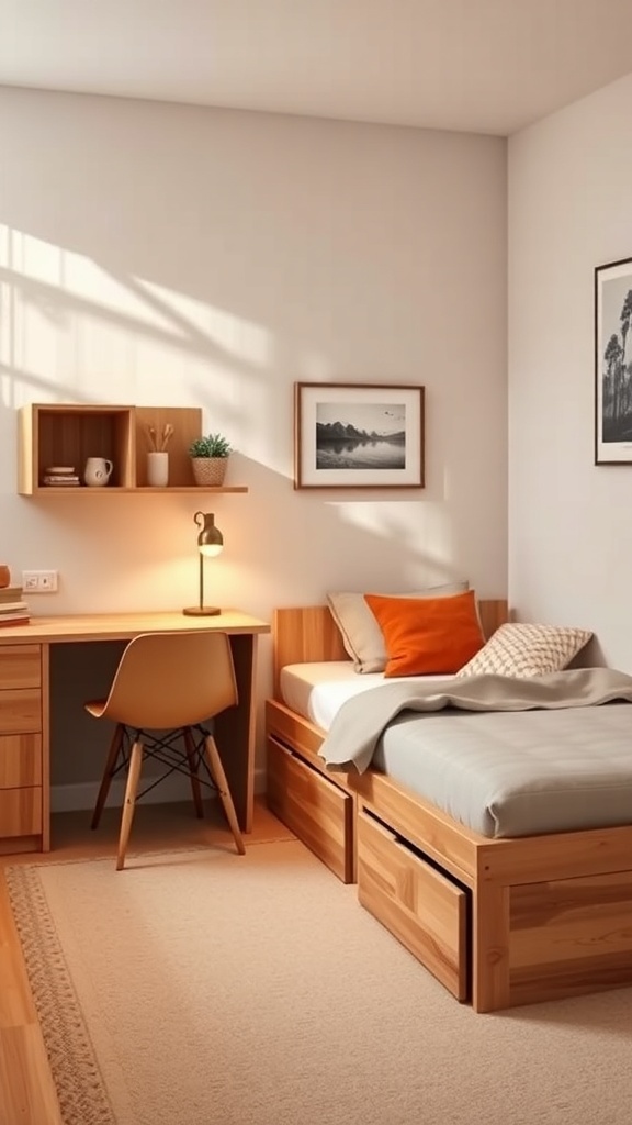 Cozy dorm room with functional furniture including a bed with storage drawers and a desk with shelves.