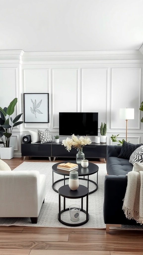 A stylish black and white living room featuring a black sofa, white armchair, circular coffee tables, and potted plants.