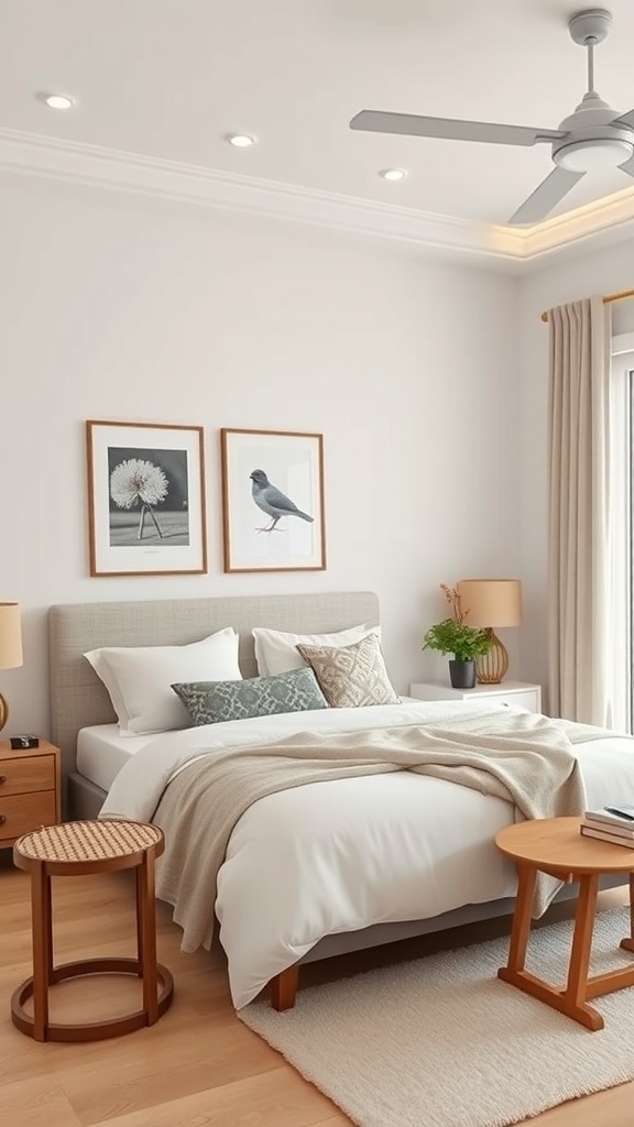A neutral-toned bedroom featuring a bed with white linens, wooden nightstands, and nature-themed wall art.