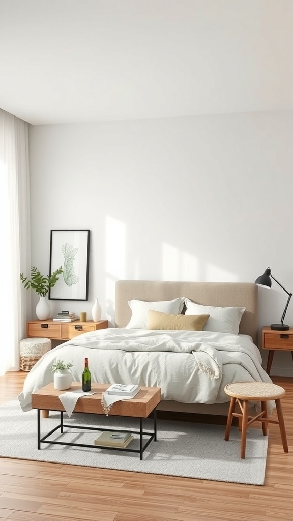 A minimalist bedroom featuring a low-profile bed, wooden nightstands, a modern coffee table, and natural light.