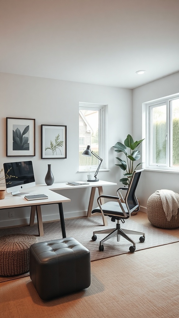 A bright, modern home office featuring a desk, ergonomic chair, computer, and decorative plants.