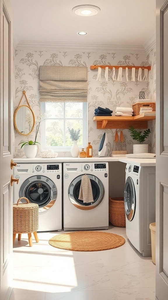A stylish laundry room with modern washing machines, a cozy rug, and a functional ironing station.