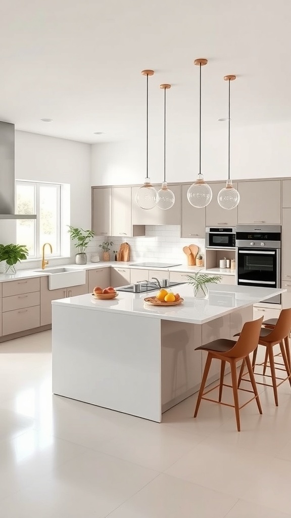A modern kitchen featuring a functional island design with a cooktop and bar stools.