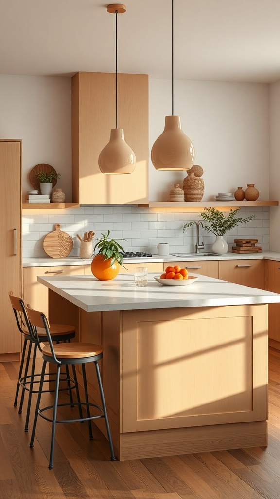 A cozy kitchen featuring a light wood island, soft lighting, and fresh fruits on the countertop.