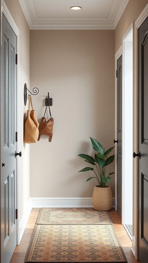 A small entryway featuring a key holder, bags hanging, and a potted plant.
