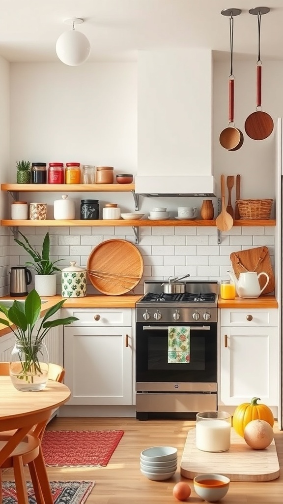 A bright kitchen with open shelving, plants, and wooden accents, showcasing a functional and stylish design.