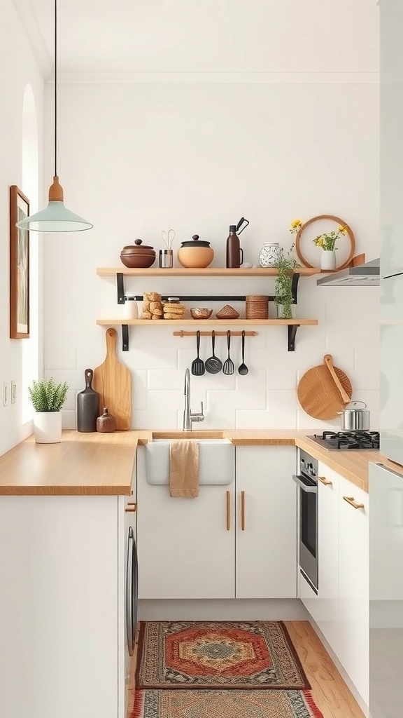 A functional and stylish tiny house kitchen with open shelving, wooden countertops, and a cozy rug.