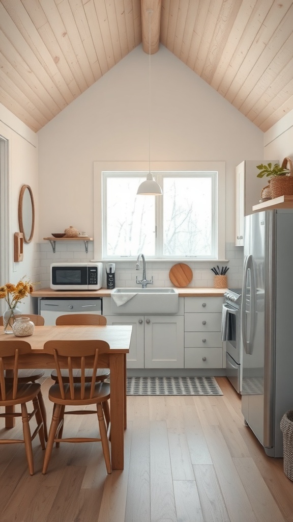 Cozy cabin kitchen with light wood tones, farmhouse sink, and wooden dining table.